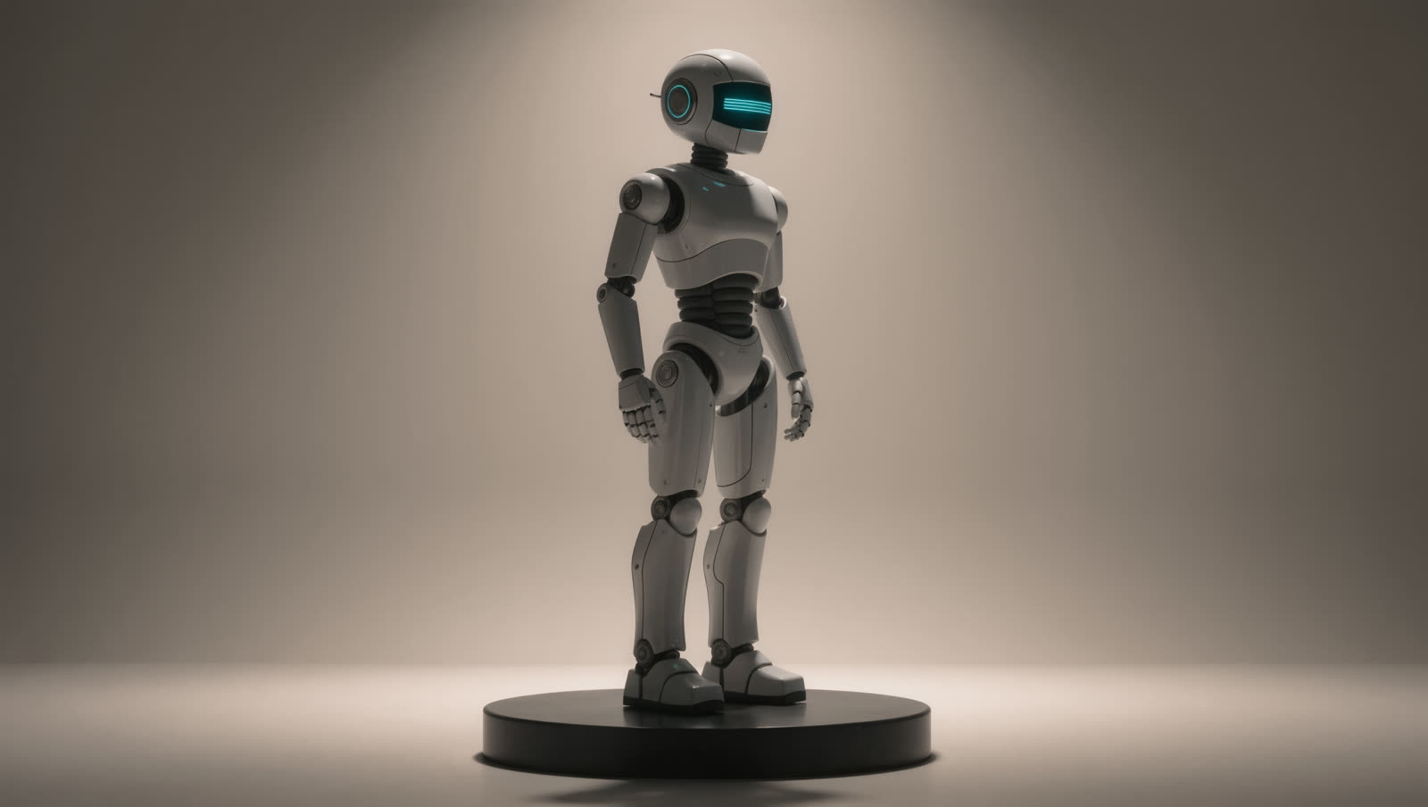 Halden H2 humanoid standing on a black plinth under a soft spotlight