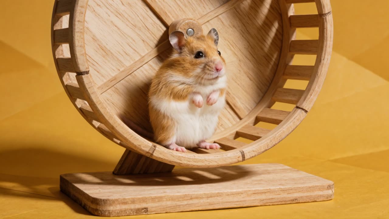 Biscuit sitting up in the still wooden wheel at the end of the day, paws tucked, looking pleased