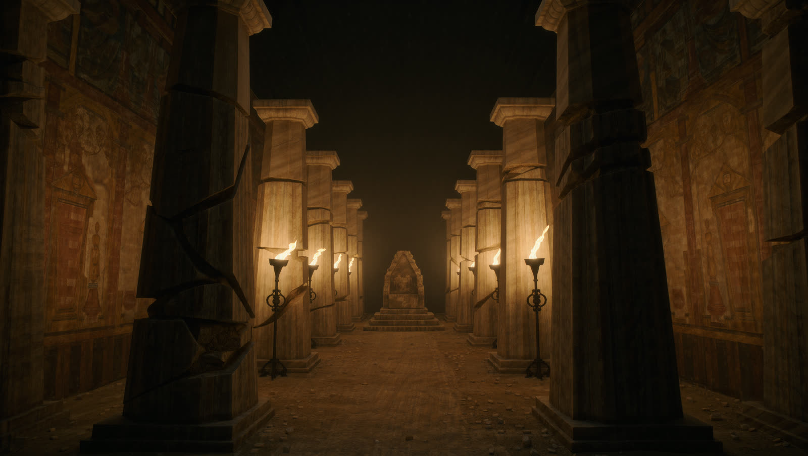 The ruined colonnade of the throne hall by torchlight, columns cracked and the roof open to darkness