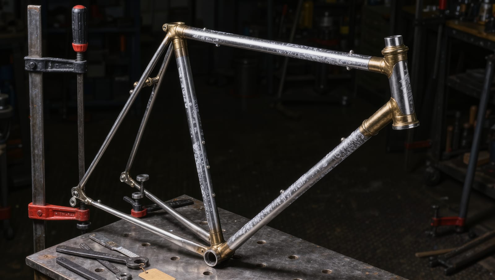 A bare steel frame clamped on a drilled steel bench, its tubes covered in chalk marks and brass lugs at every joint