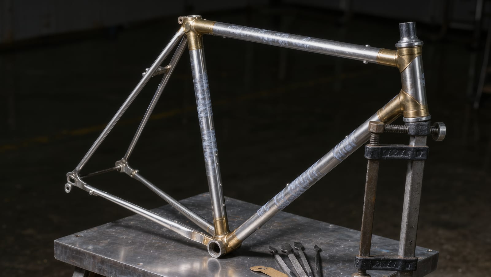 A lugged frame standing in a steel jig on the bench, files and a brass tag beside it