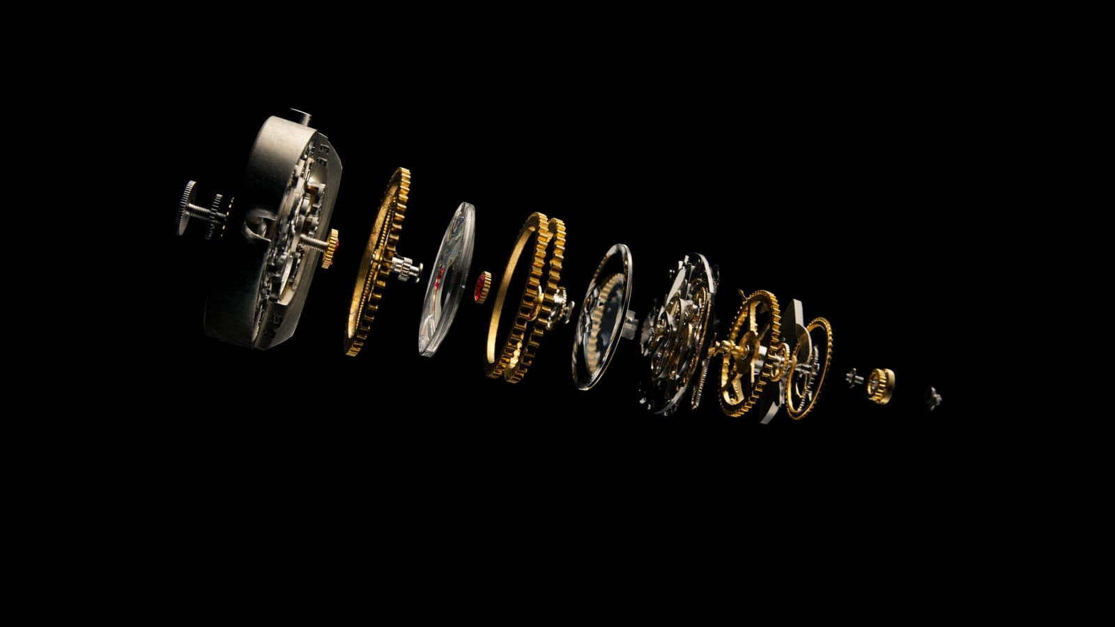 The ML-47 movement laid out along a single diagonal: case, gold wheels, crystal and balance in a row on black