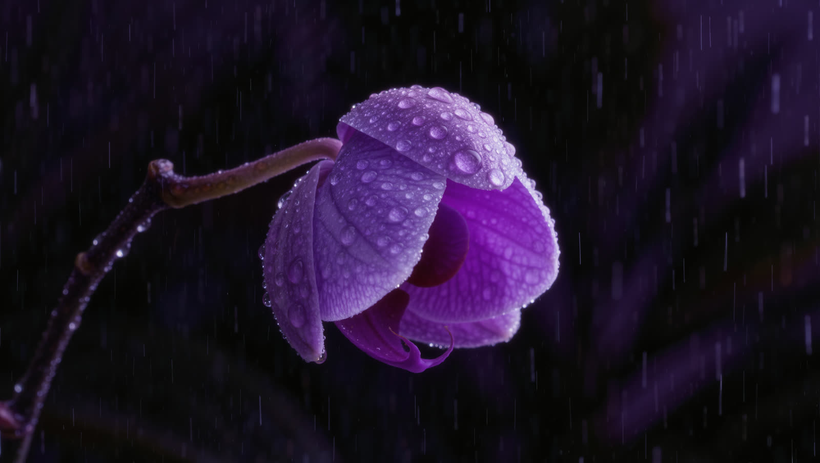 A violet orchid flower, still half closed, in falling rain