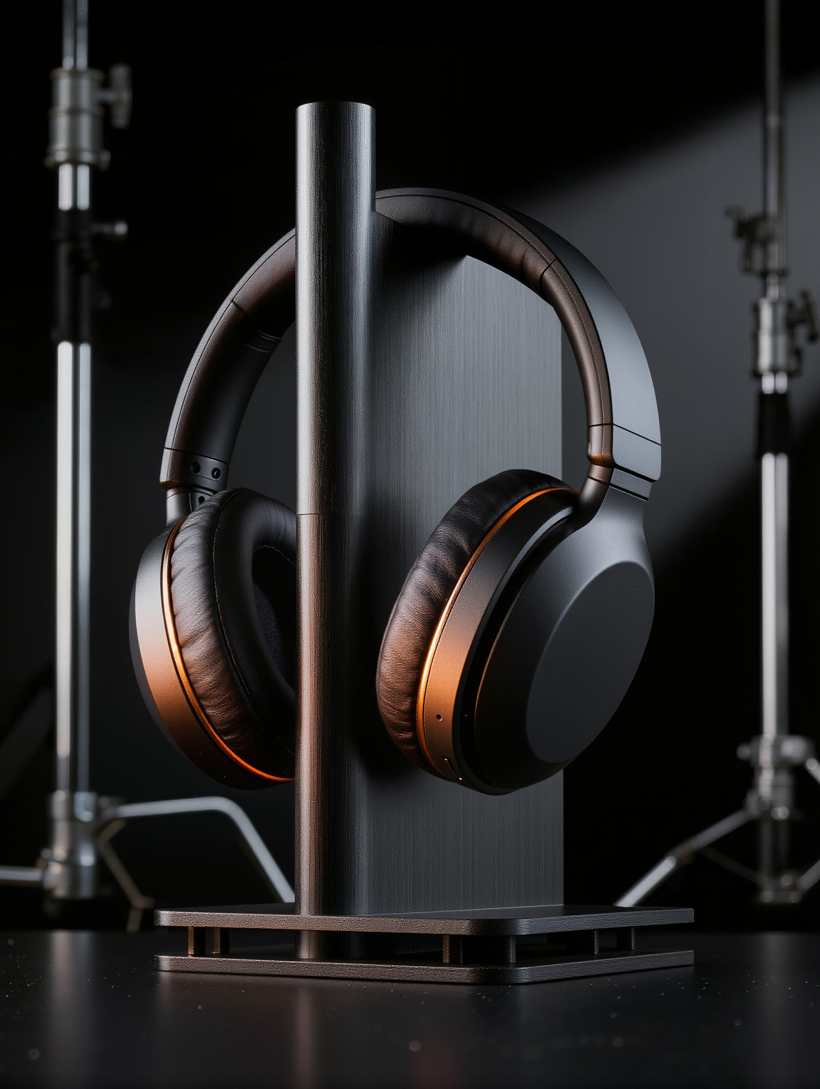 NP-7 headphones standing on a brushed aluminium stand in cold studio light