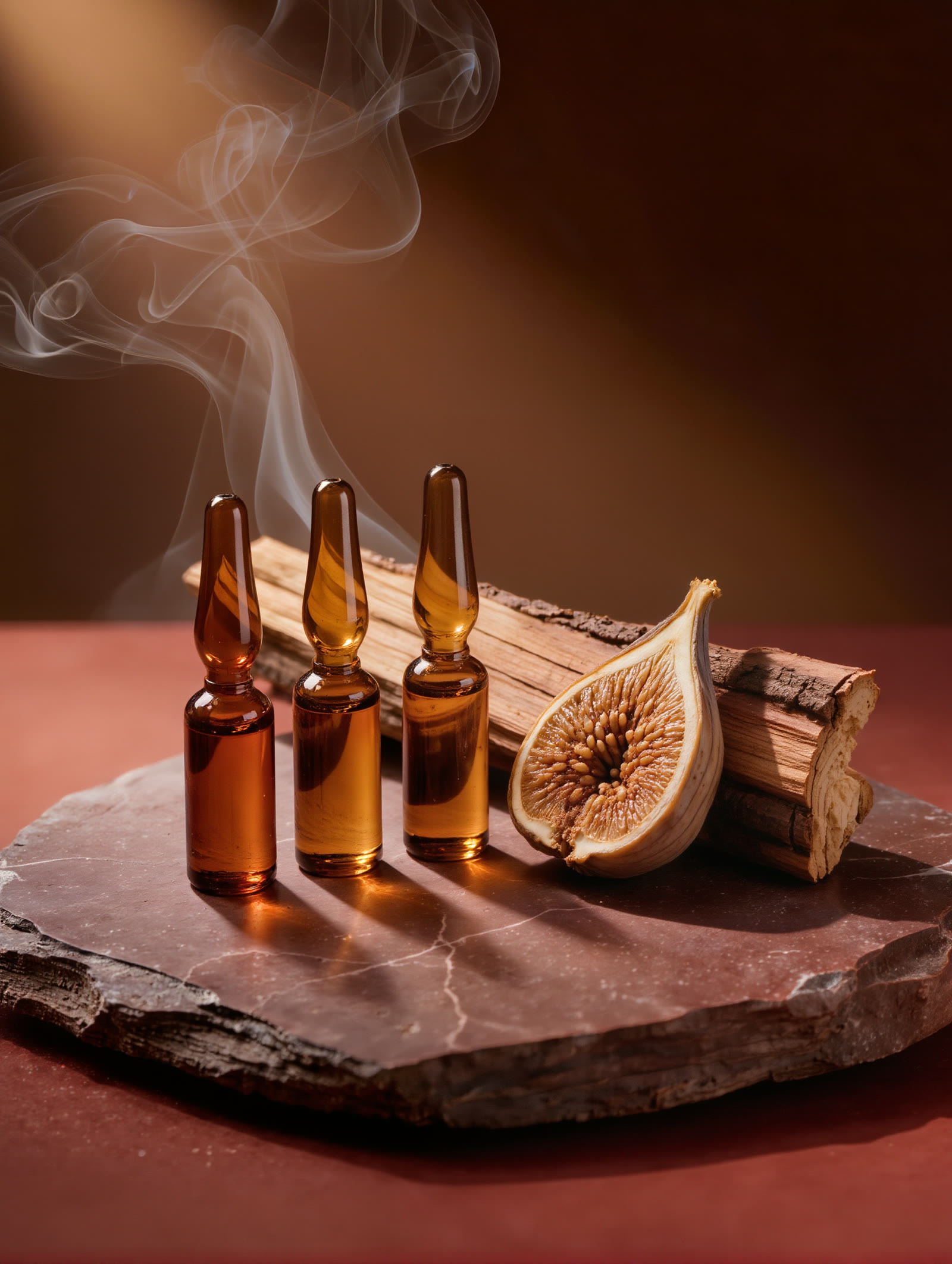 Discovery set of three amber vials beside raw oud wood