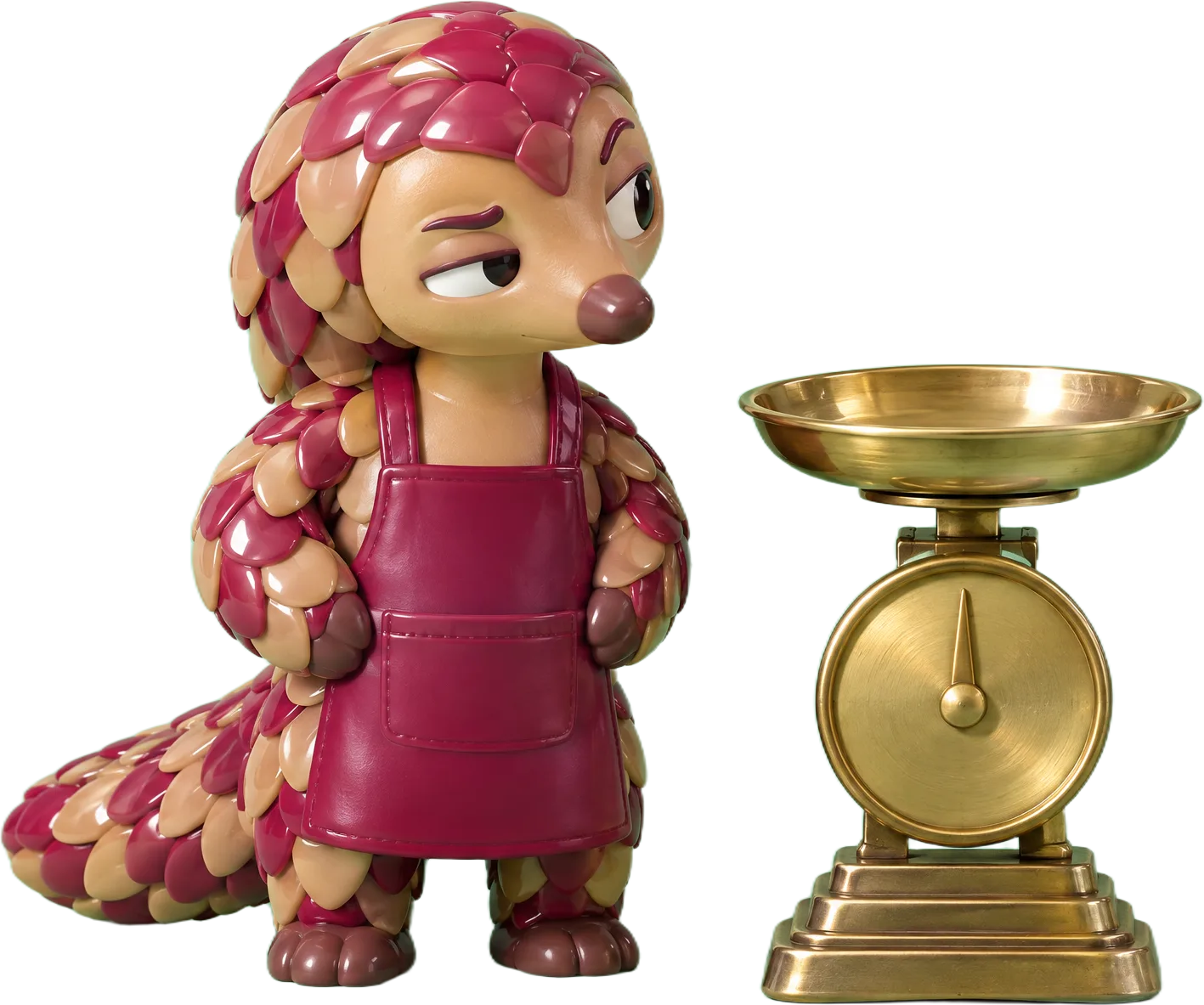 A glossy vinyl pangolin in a raspberry apron, squinting sideways at a brass sweet shop scale