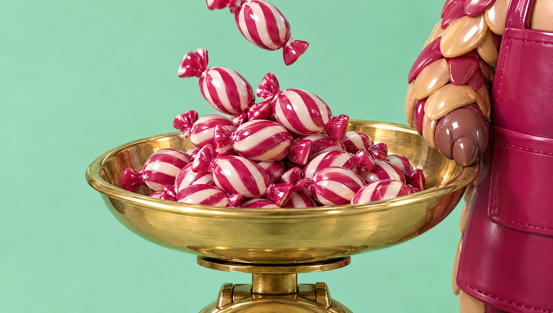 Striped humbugs heaped on the brass pan of the scale