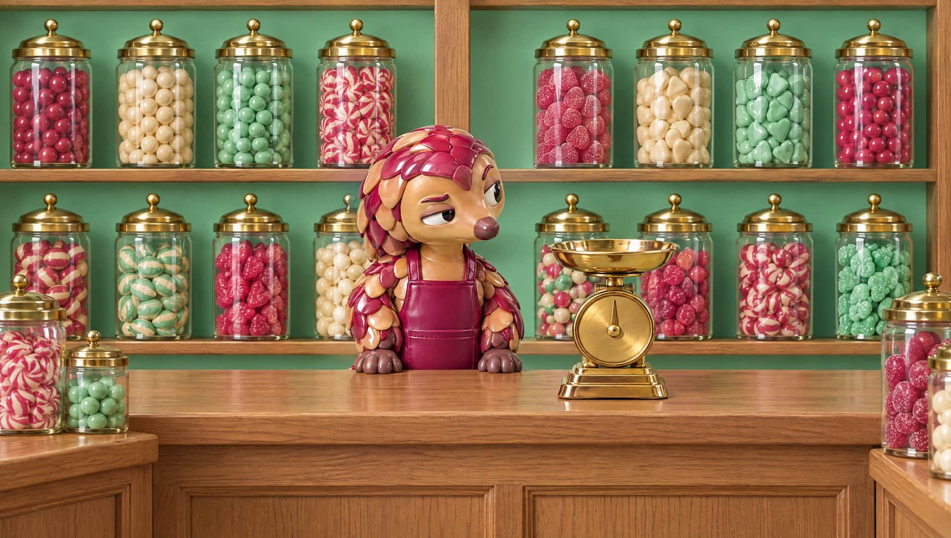 Inside the sweet shop: tall glass jars on wooden shelves and the pangolin behind the counter