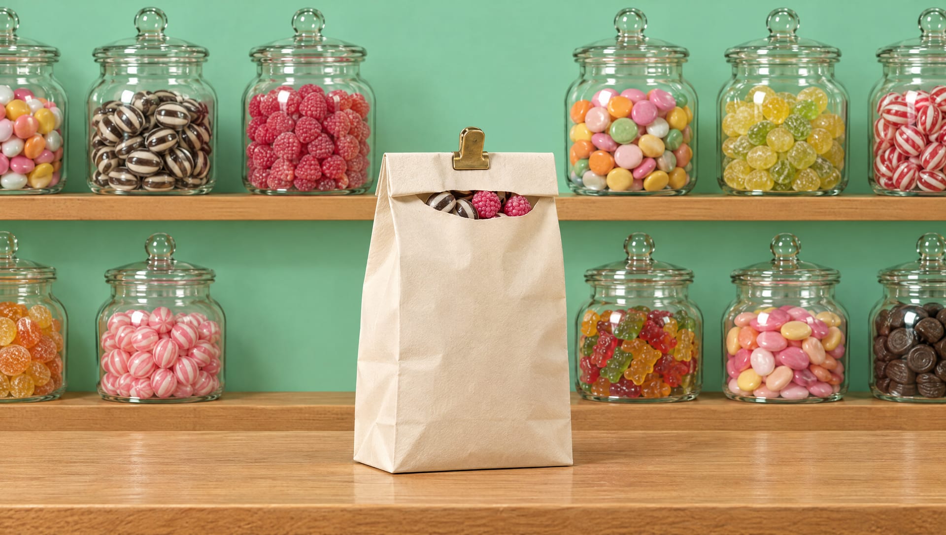 A cream paper bag of pick and mix on the counter, sealed with a brass clip