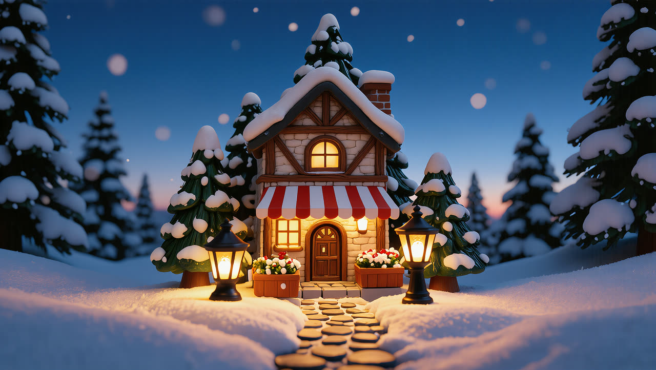 The bakery in a snowy square at dusk