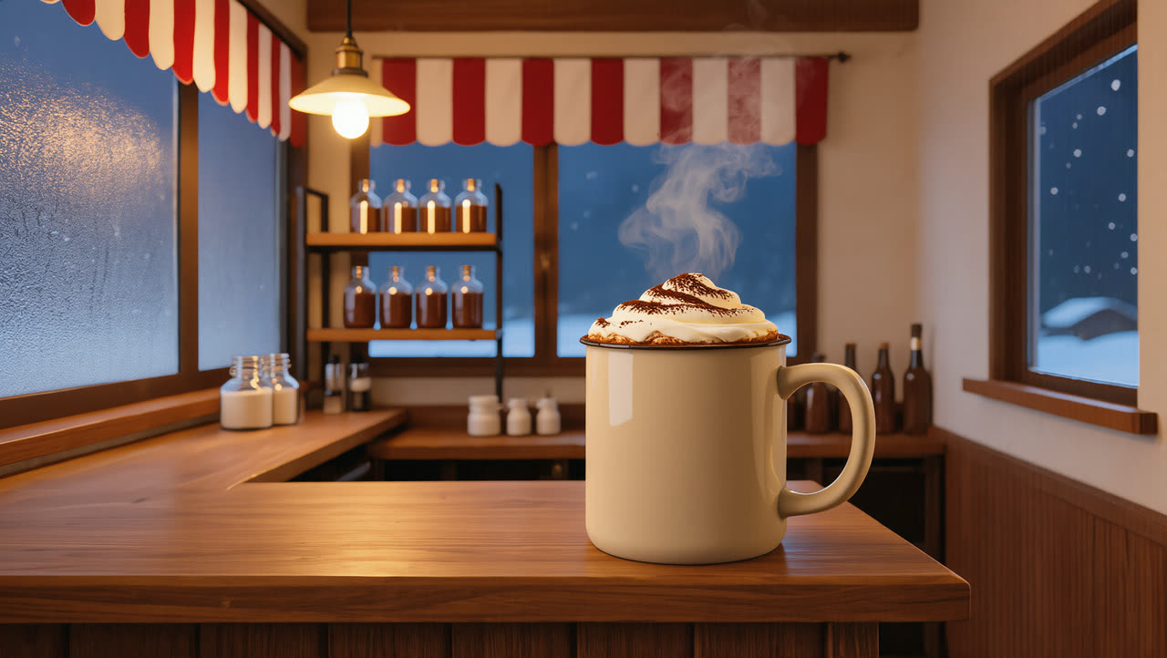A mug of hot chocolate on the bakery counter
