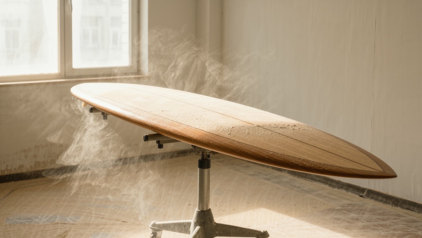 A sanded wooden surfboard on a shaping stand, dust hanging in window light
