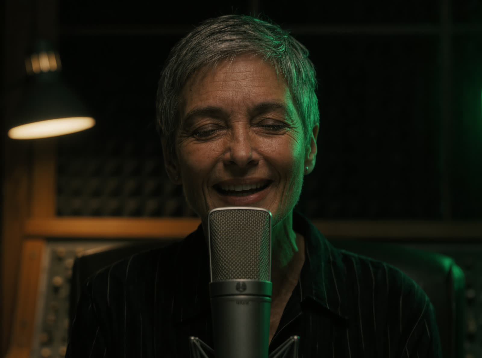 Inès Barral laughing into a studio condenser microphone under green light