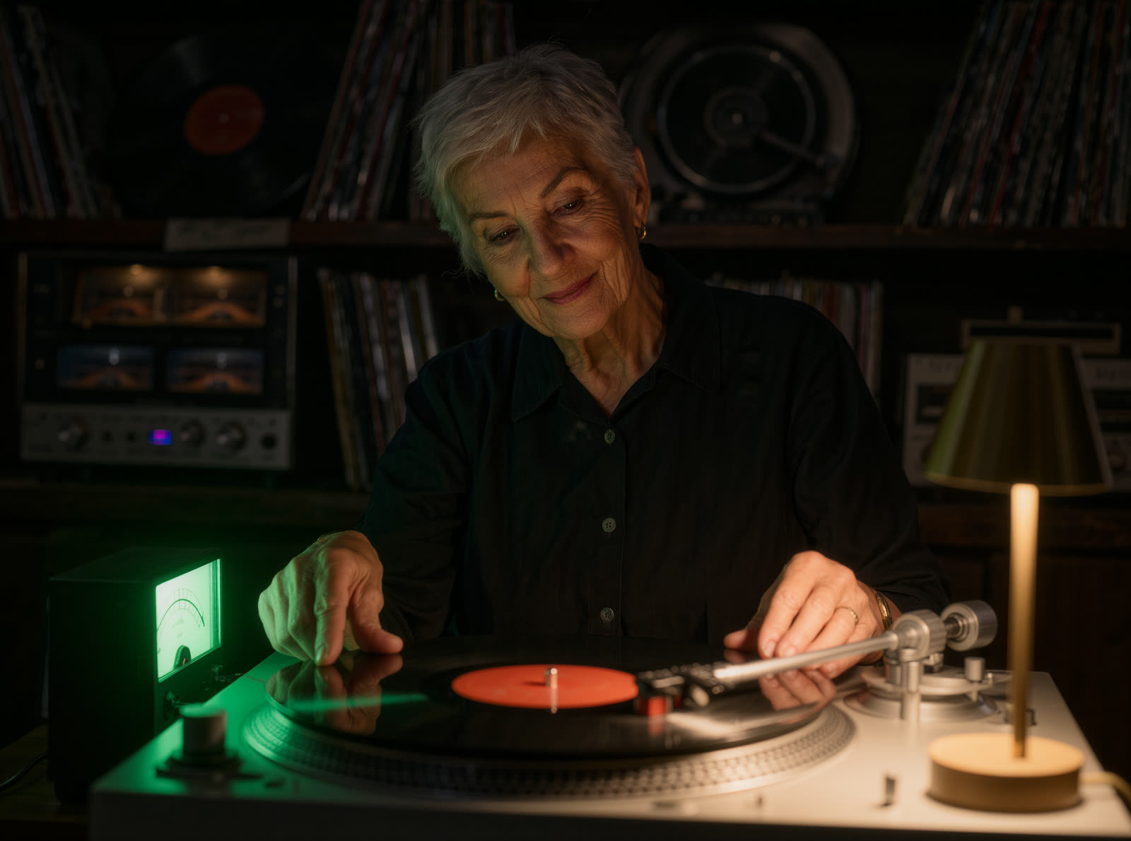 Mara Quist cueing a record on a white turntable beside a glowing green meter
