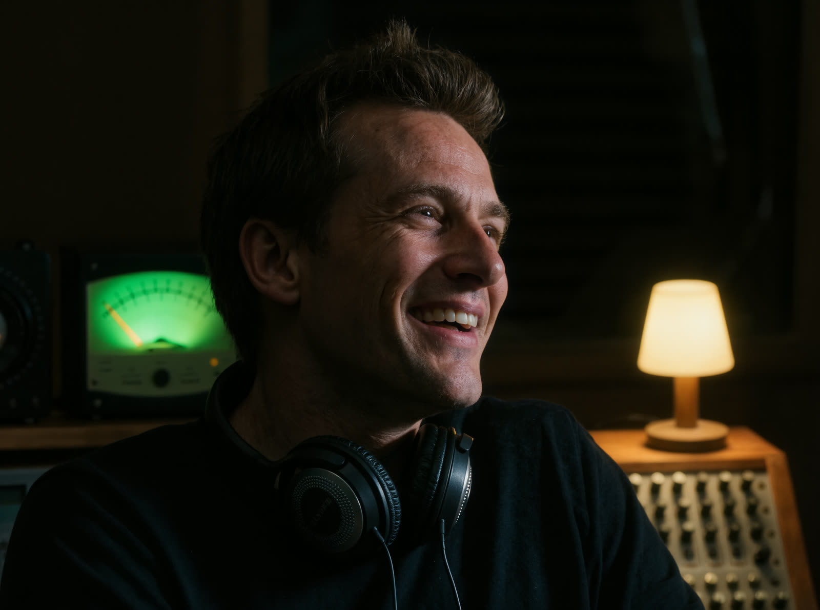 Theo Lindqvist smiling off-mic with headphones around his neck