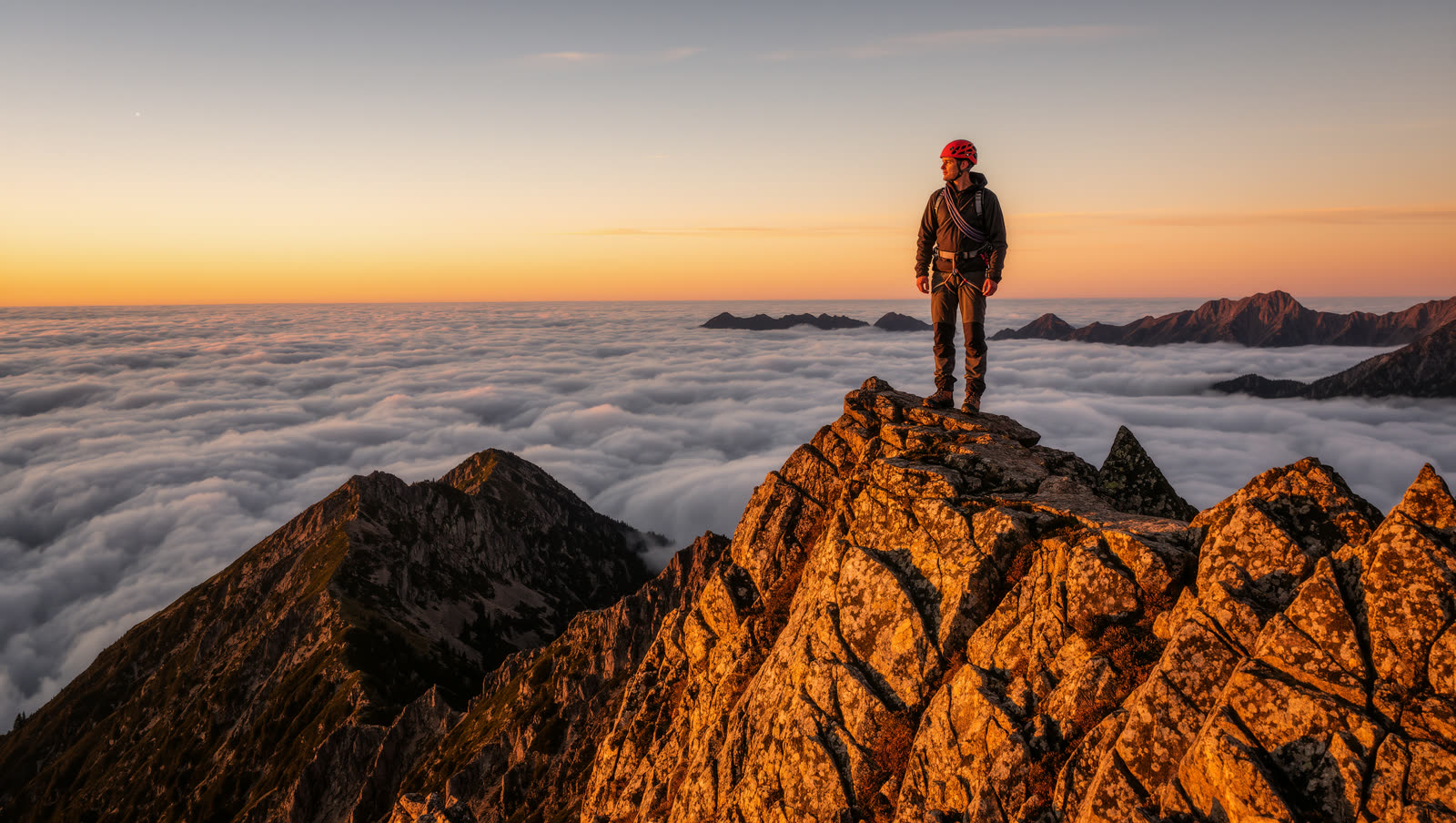 Teo in a red helmet standing on a rock summit above a sea of cloud at sunrise
